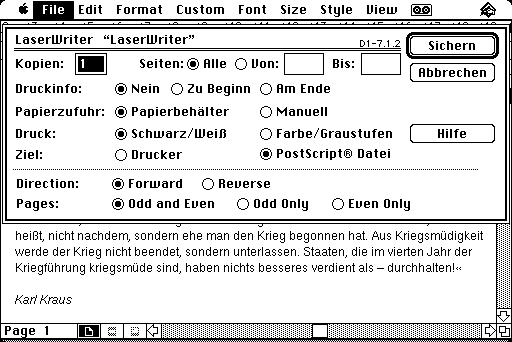 Screenshot des Druck-Dialogs mit Option PostScript-Datei
