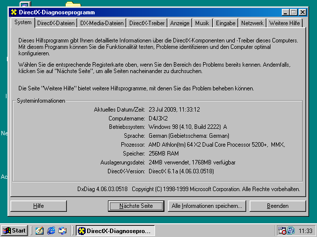 Windows 98 SE Dxdiag DirectX