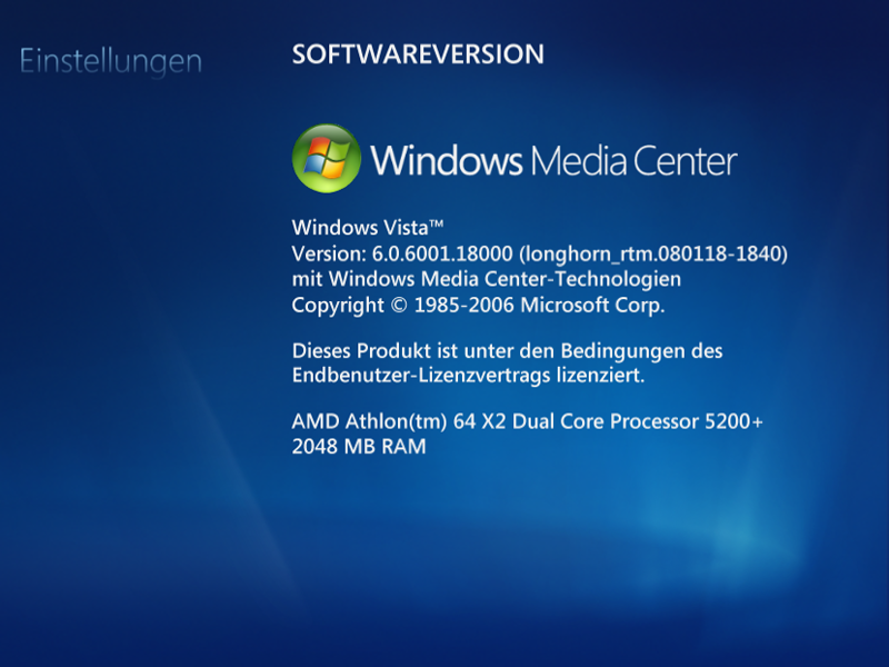 Vista Media Center Softwareversion